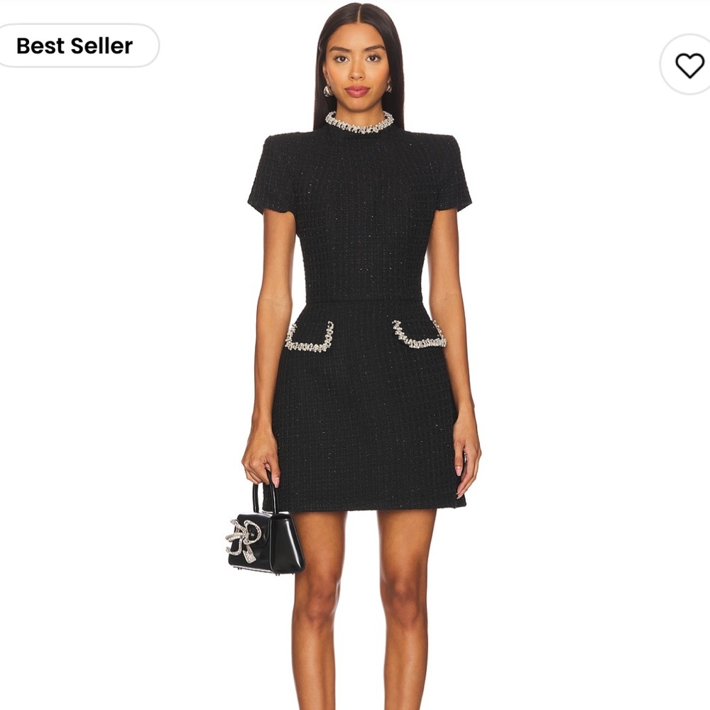 NADINE MERABI Black Tweed Mini Dress with Crystal Trim